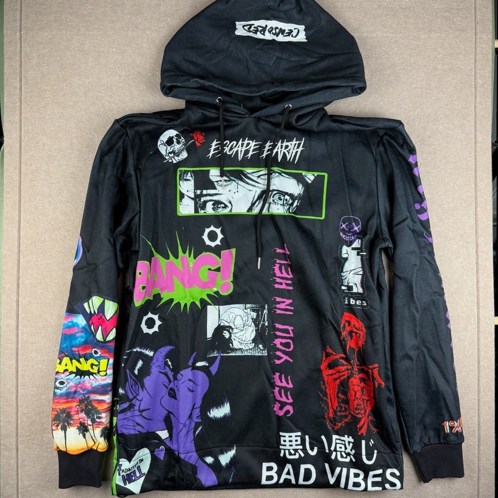 Sugarhill Hoodie Men's M Black Graphic Anime Skull‎ Fleece Streetwear Goth Punk